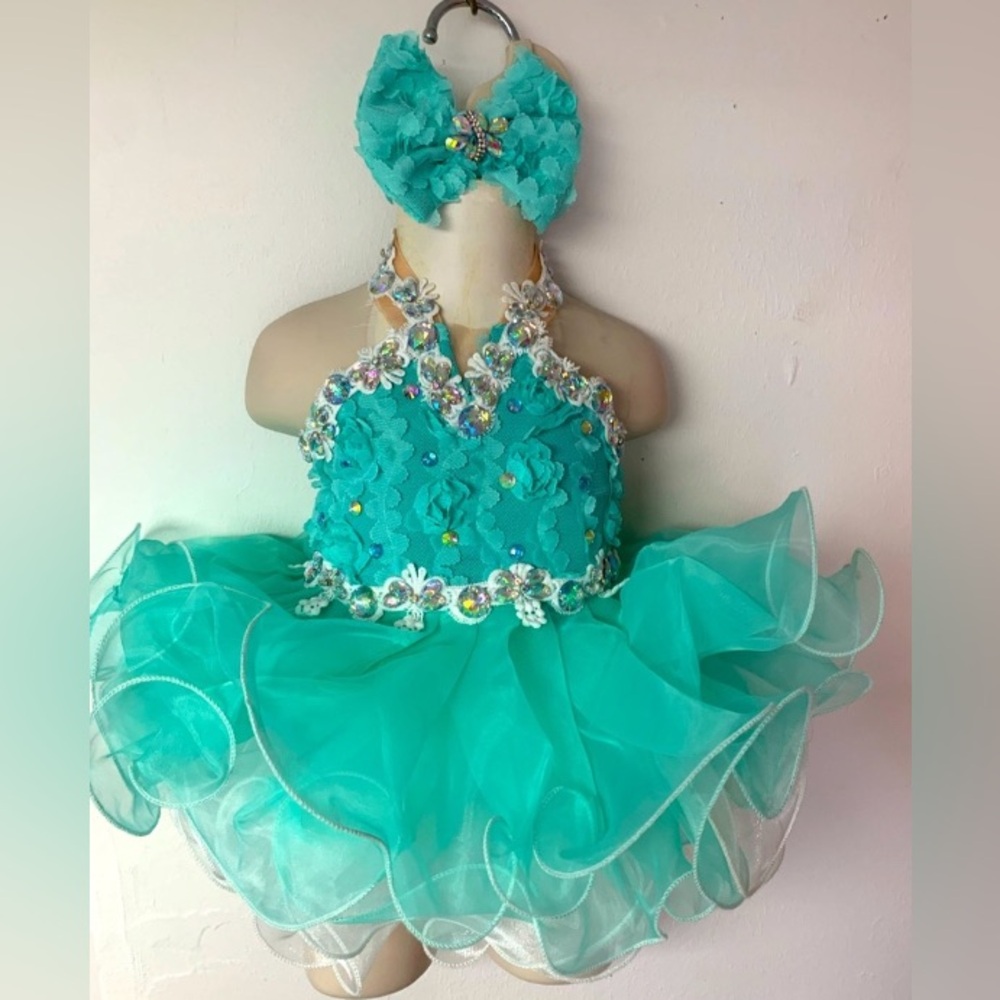 Infant 0-3 Mnth Aqua Mint Green & White Cupcake Pageant Dress w/headband/Bow NWT